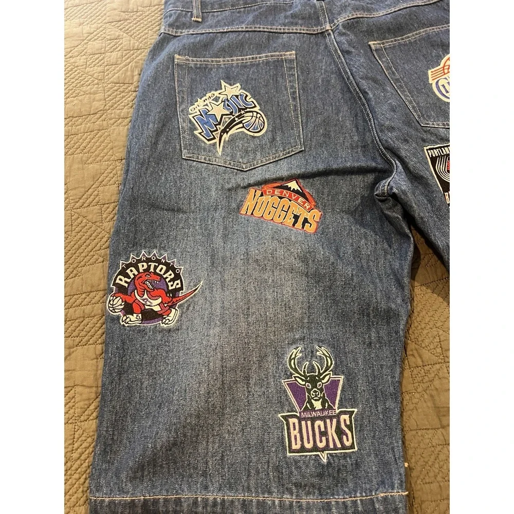 Unk NBA Blue Jean Shorts Vintage 90s Size 36 With 16 Team Patches - Picture 7 of 13